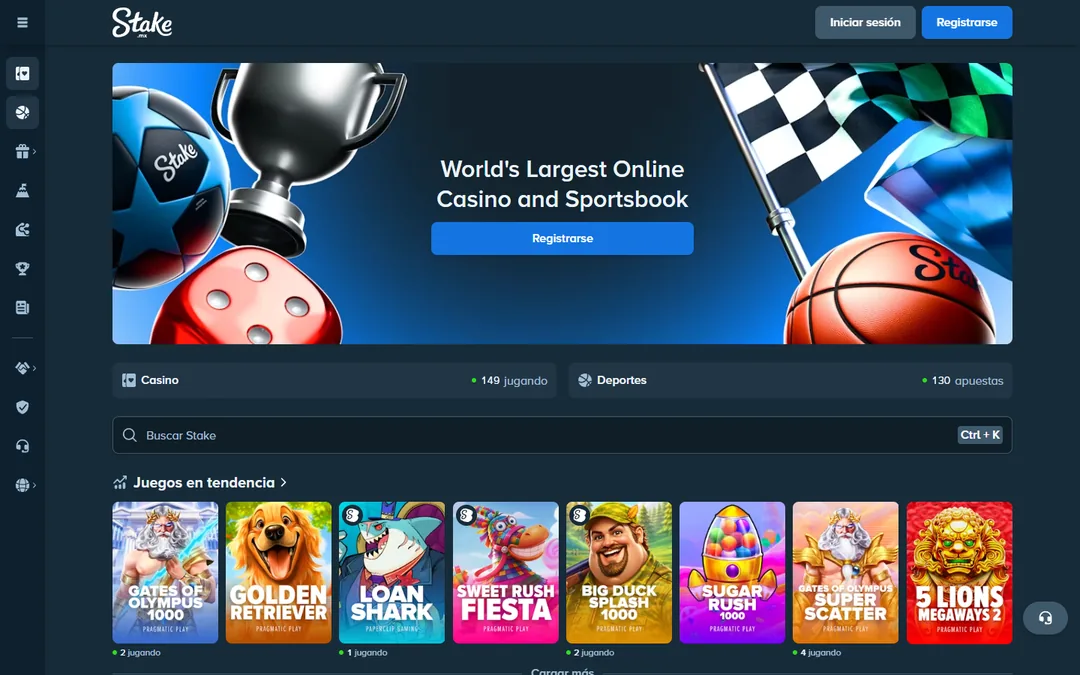 Portada de Stake México con el banner de registro y los juegos en tendencia de Pragmatic Play