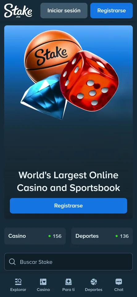 Portada móvil de Stake México con el banner de registro y los juegos en tendencia