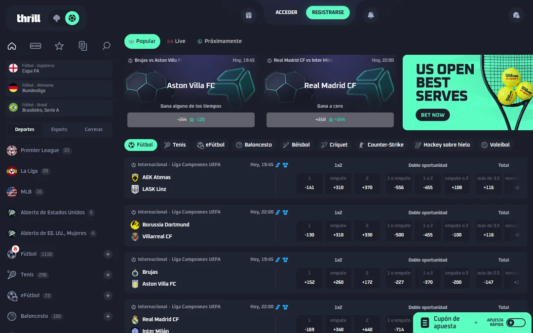 Casa de apuestas de Thrill en español con la Champions League, cuotas americanas, el banner del US Open y los contadores de fútbol, tenis, eFútbol y baloncesto