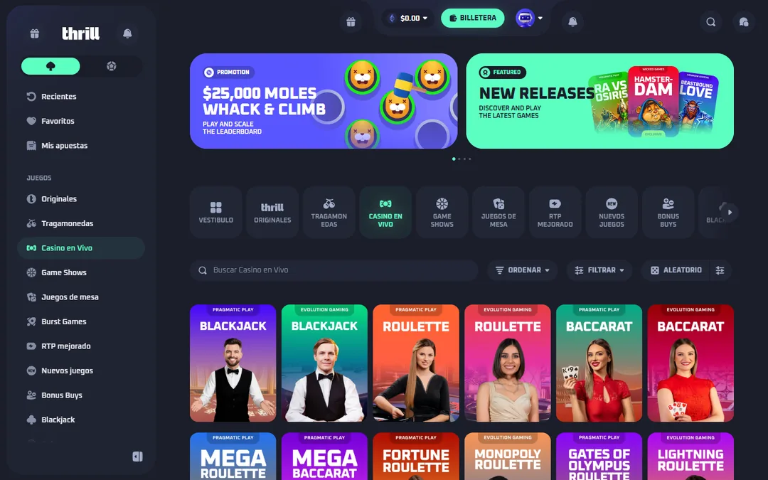 Categoría de casino en vivo de Thrill con blackjack, ruleta y bacará de Pragmatic Play y Evolution