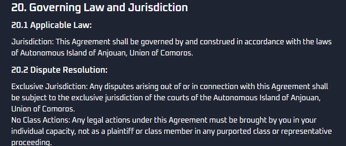 Sección 20 de los términos de Thrill, Governing Law and Jurisdiction, con la ley aplicable y la jurisdicción exclusiva de los tribunales de Anjouan