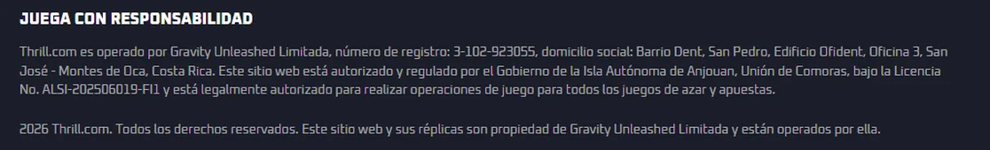 Pie de página de thrill.com con la línea de Gravity Unleashed Limitada, el registro de Costa Rica y la licencia ALSI-202506019-FI1 de Anjouan, junto a los sellos de GameCheck, Anjouan y 18+
