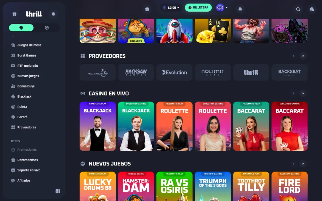Segunda pantalla de la portada de Thrill con el carrusel de proveedores, las mesas de casino en vivo y los nuevos juegos