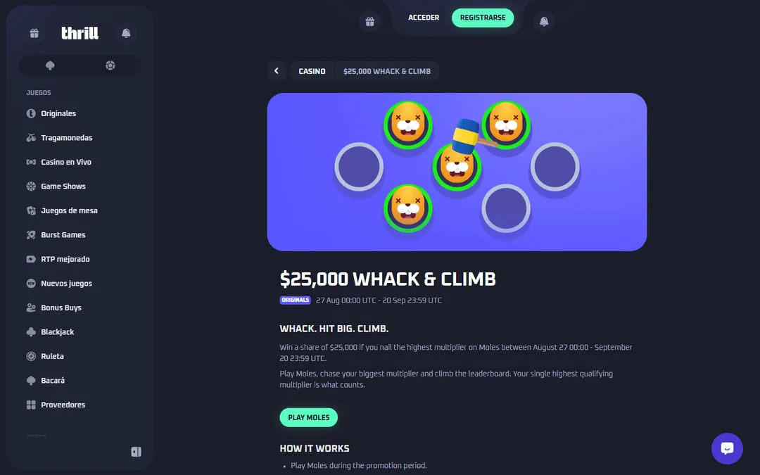 Página de la promoción Moles Whack and Climb de Thrill con 25,000 dólares en juego del 27 de agosto al 20 de septiembre