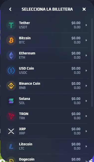 Pantalla Selecciona la billetera de Thrill con la lista de monedas: Tether, Bitcoin, Ethereum, USD Coin, Binance Coin, Solana, TRON, XRP, Litecoin y Dogecoin, todas en saldo cero