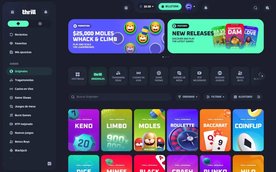Categoría Originales de Thrill con los juegos propios Keno, Limbo, Moles, Roulette, Baccarat, Coinflip, Dice, Mines, Blackjack, Crash, Plinko e Hilo