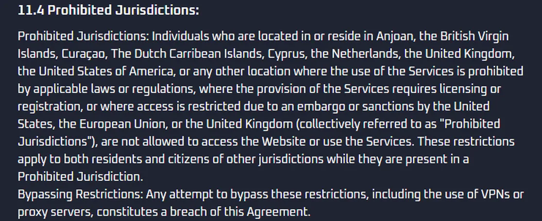 Sección 11.4 de los términos de Thrill con la lista de jurisdicciones prohibidas: Anjouan, Islas Vírgenes Británicas, Curazao, Caribe neerlandés, Chipre, Países Bajos, Reino Unido y Estados Unidos