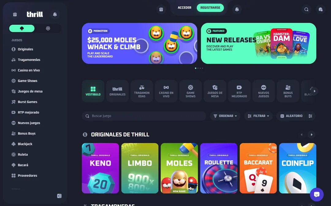 Portada de Thrill en español con los banners de Moles Whack and Climb y nuevos lanzamientos, las categorías y la fila de Originales