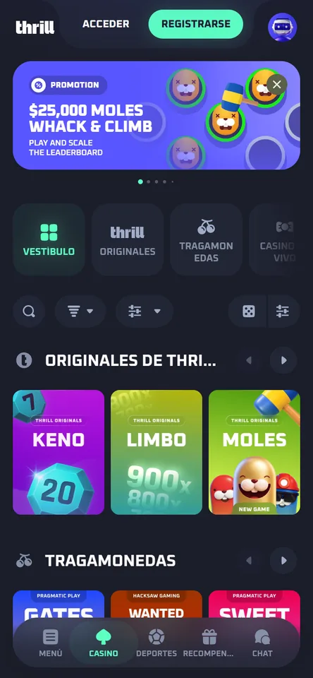 Portada móvil de Thrill en español con el banner de Moles Whack and Climb y la fila de Originales de Thrill