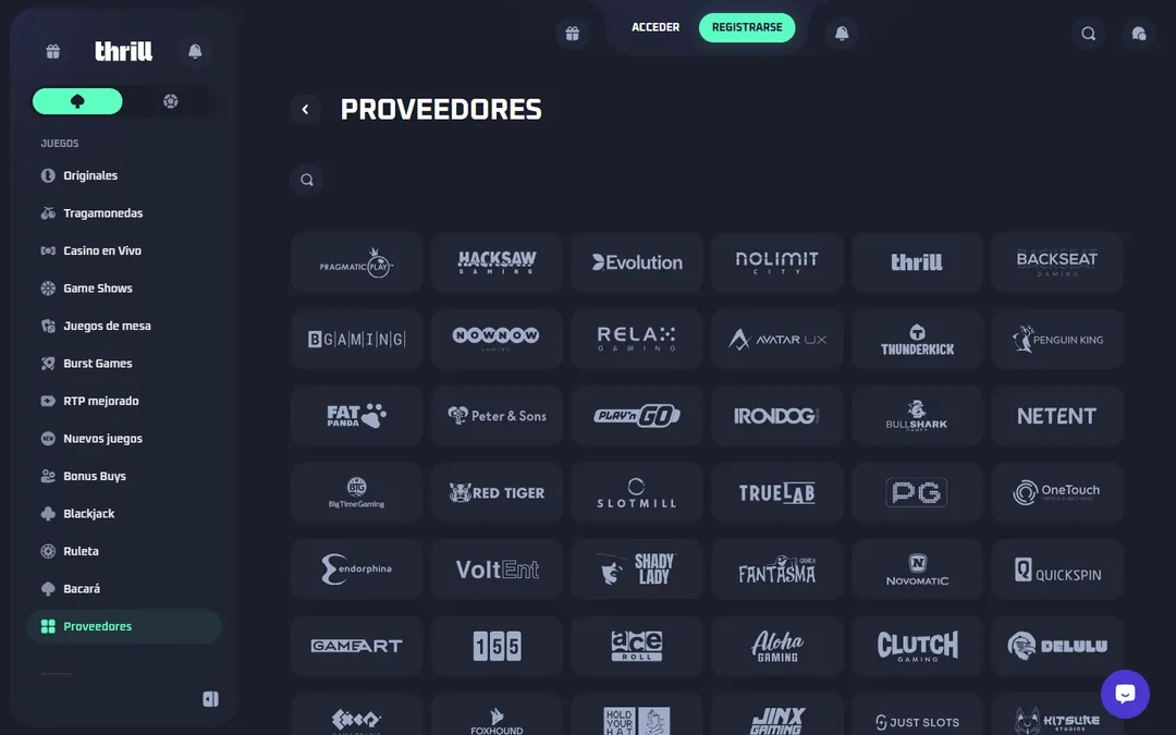 Página de proveedores de Thrill con los logotipos de Pragmatic Play, Hacksaw, Evolution, Nolimit City, BGaming, Relax, NetEnt, Red Tiger, PG Soft y Novomatic