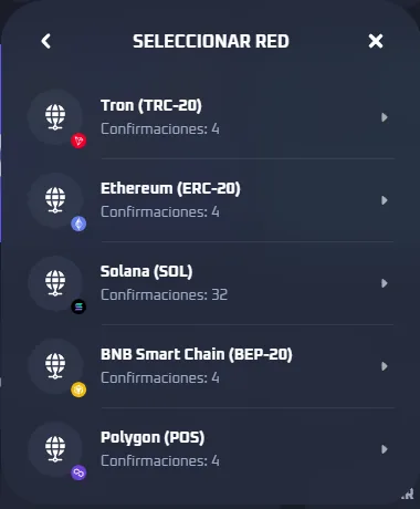 Pantalla Seleccionar red de Thrill para USDT con Tron TRC-20, Ethereum ERC-20, Solana, BNB Smart Chain BEP-20 y Polygon POS y las confirmaciones de cada una