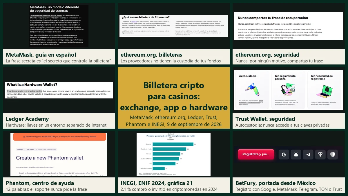 Billetera cripto para casinos según sus documentos: la guía de MetaMask sobre la frase secreta de recuperación, las páginas de billeteras y de seguridad de ethereum.org en español, la academia de Ledger sobre billeteras de hardware, la página de seguridad de Trust Wallet, el centro de ayuda de Phantom, la página 26 de la ENIF 2024 del INEGI y la portada de BetFury con registro por MetaMask, Ton Connect y TrustWallet