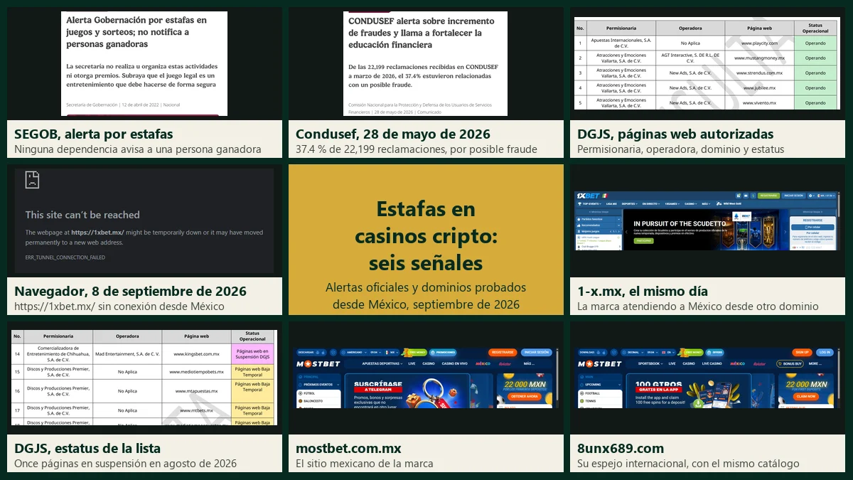 Mosaico con la alerta de la SEGOB, el comunicado de la Condusef, la lista de páginas autorizadas de la DGJS y los dominios probados desde México
