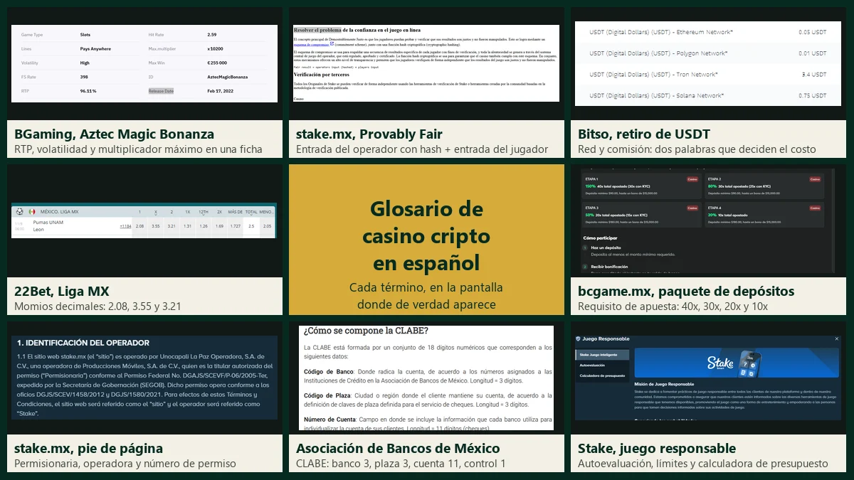 Glosario de casino cripto: RTP, provably fair, redes, momios, requisito de apuesta, permiso SEGOB y CLABE en pantalla