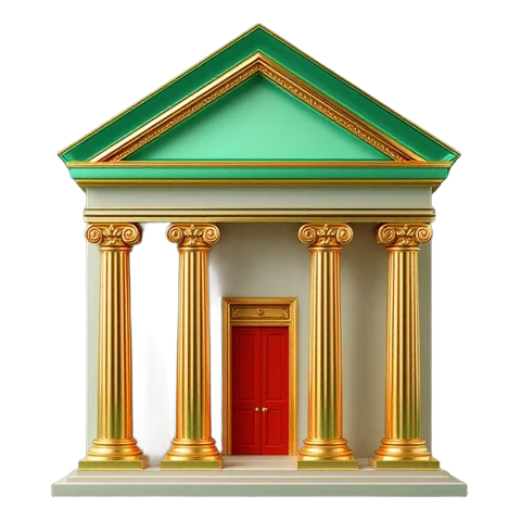 Edificio de banco con columnas doradas y techo verde