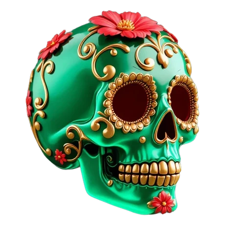 Calavera decorada en verde y oro