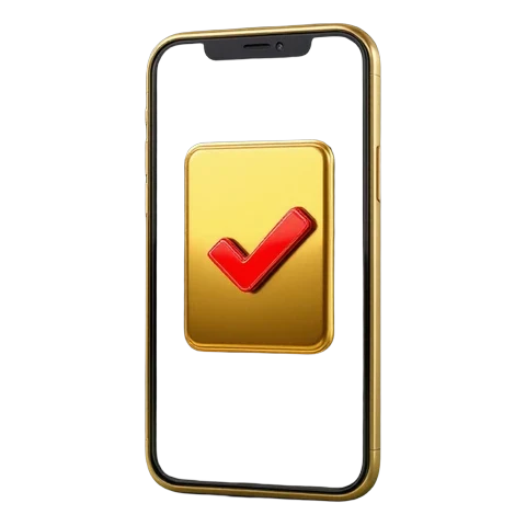 Celular dorado con una palomita roja en la pantalla