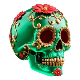 Calavera decorada en verde y oro