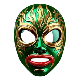 Máscara de luchador en verde, oro y rojo