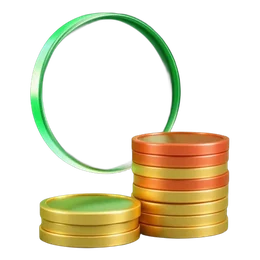 Monedas apiladas en oro, verde y rojo