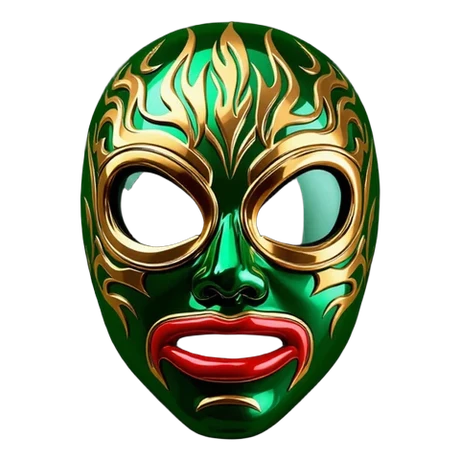 Máscara de luchador en verde, oro y rojo