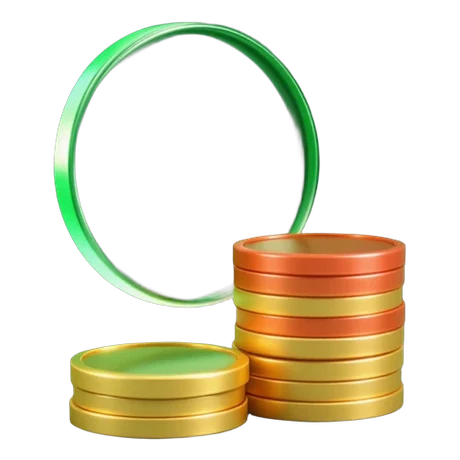 Monedas apiladas en oro, verde y rojo