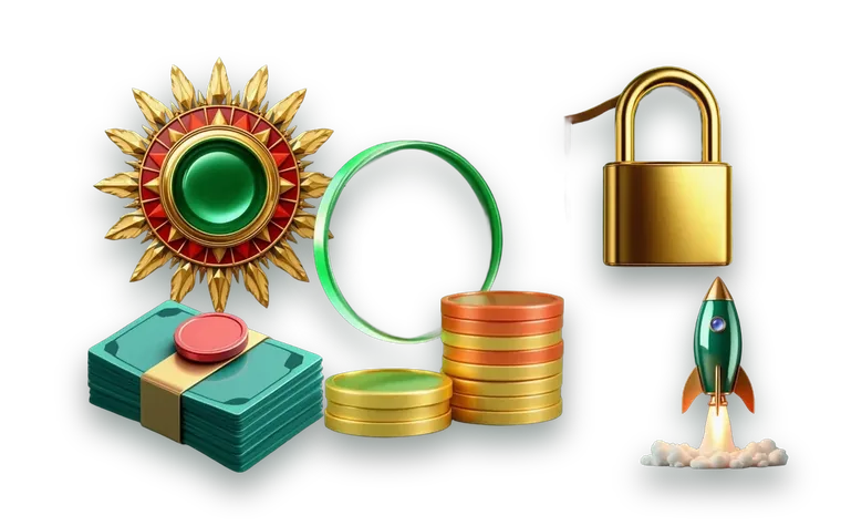 Casinos cripto en México: sol azteca, candado, billetes, cohete y monedas en 3D